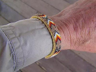 GREAT Pattern And Beadwork. Navajo Indian Hand Beaded Cuff Bracelet Mrs. John • £22.70
