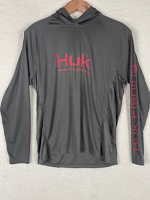 HUK Shirt Mens M Gray Fishing Pullover Performance Hooded Long Sleeve Outdoors • $19.99