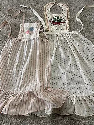 2 Vintage Cottagecore Country Strawberry Kitchen Pink Cream Long Full Bib Aprons • $38.50