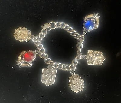 Vintage Fleur De Lis & Shields Charm Bracelet W  Faux Gems Silver Tone • $19.99