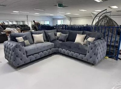 2c2 | Royale Chesterfield Full Back Corner Sofa Steel Plush Velvet  • £1499.99