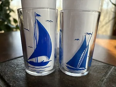 Vintage Kraft Blue Sailboat Swanky Swig Juice Glasses 3.5” 1936 Canadian Pair 2 • $9.99