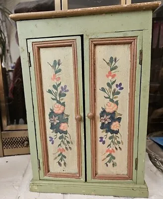 Vtg Handpainted GREEN FLORAL WOOD CURIO CABINET  SHABBY RUSTIC FARM  14x10x5 In • $45