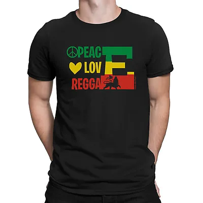 Mens ORGANIC Cotton T-Shirt PEACE LOVE REGGAE Guitar Drum Jamaican Dance Music  • £8.95