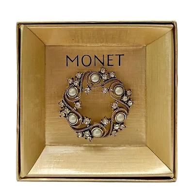 Vintage Monet Faux Pearl Clear Rhinestone Wreath Round Goldtone Pin Brooch • $17.99