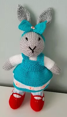 Hand Knitted Easter Bunny Rabbit Soft Toy Wearing A Turquoise Blue Dress • £12.50