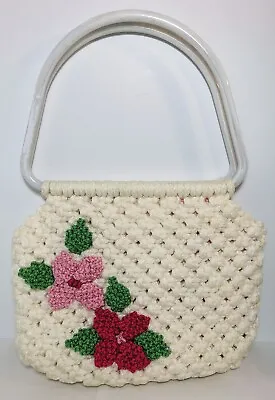 Vintage 1950's Crocheted Knit Handbag Purse Bag Lucite Handle Ivory Floral 12” • $22