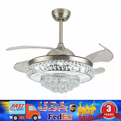 LED Crystal Chandelier Invisible Ceiling Fan Light Retractable Blade+Remote 42in • $109.25