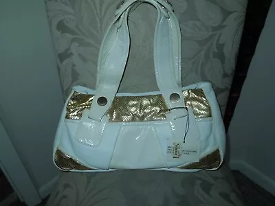 Gustto White Beige & Metallic Gold Leather Handbag Satchel MSRP $665+ • $50