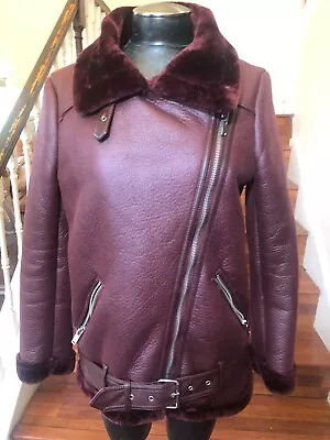 Zara Woman Burgundy Jacket Faux Fur Zip Up Belted Warm Zip Pockets Medium • $48