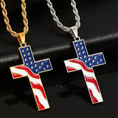 Mens American Flag Cross Pendant Necklace Religious Christian Jewelry Chain 24  • $11.99