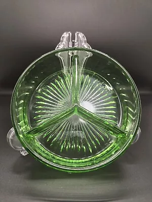 Vintage Green Uranium Vaseline Depression Glass 3 Section Divided Dish 6.5” • $1.04