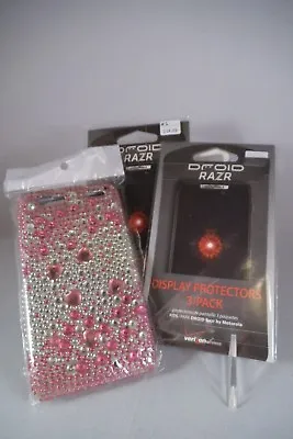 New Verizon Droid Razr Screen (4) Protectors And Pink Silver Sparkle Phone Case • $19.99