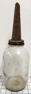  Antique Mobiloil Gargoyle  E  Oil Metal Spout Duraglas Glass Bottle Can • $99