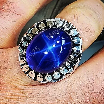 Vintage 925 Sterling Silver Oval Natural Blue Star Sapphire Rings Men's Rings • $360