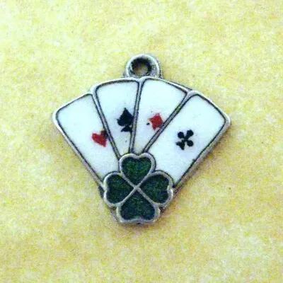 Vintage German Silver Enamel Charm Lucky Gambling Playing Cards Four Leaf Clover • $65