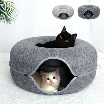 Cats Tunnel Bed Natural Felt Pet Rabbit Cave Nest Round Donut House Interactive • £26.39
