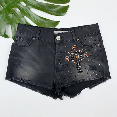 £20.37 • Buy Top Shop Moto Denim Jean Shorts Women’s 8 Black Embellished Frayed Button Fly