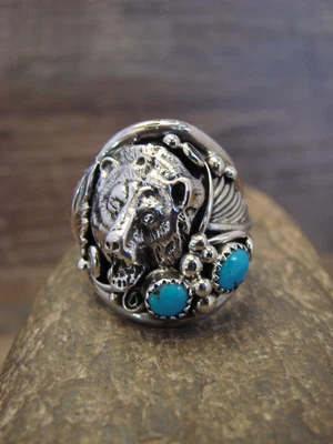£112.91 • Buy Navajo Sterling Silver & Turquoise Growling Bear Ring By Saunders -  Size 12