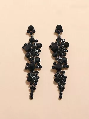 Womens Beautiful Long Black Rhinestone Silver Dangle Drop Decor Earrings Party • £5.59