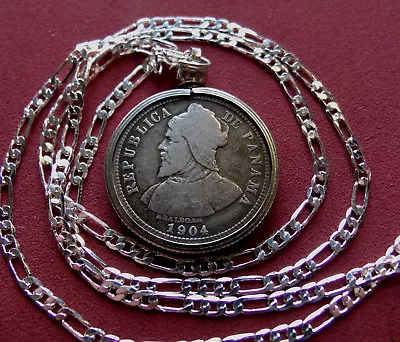 1904 Panama .900 Silver Antique Coin Pendant 24  Italian Sterling Silver Chain • $112.76