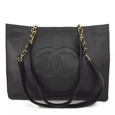 CHANEL CC Logo Caviar Skin Chain Large Shoulder Tote Bag Black/3Y0140 • $1002