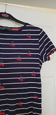 Stunning Nautical Cherry Lettuce Trim Navy & Red Stripe T-Shirt. Size 8-10 • £5