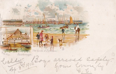 £2 • Buy 1903 Postcard: The Sands & Lighthouse, Scarborough, North Yorkshire