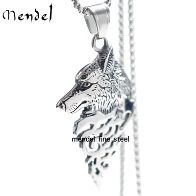 MENDEL Mens Stainless Steel Viking Fenrir Wolf Head Pendant Necklace Men Silver • $11.99