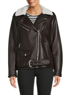 Michael Kors Moto Coat Women's Faux Leather Fur Shearling Black Size 2XL NEW • $79.99