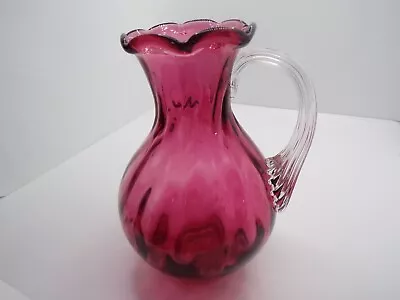 Vintage Hand Blown Cranberry Pink Glass Pitcher Ribbed Applied Handle Pontil • $6