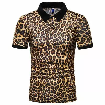 Men Leopard Print Short Sleeve T-shirt Turn Down Collared T Shirt Blouse 0628 • $20.68