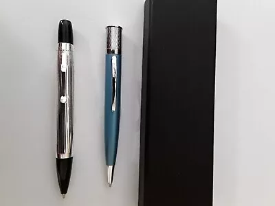 Mini Ballpoint 2 Pen Set In Sleek Black Gift Box.  Blue/Black & Silvertone Trim. • $12.99