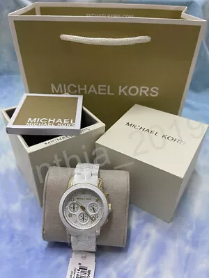 MK5145 Michael Kors Ladies Runway Chronograph White Silicone Gold Steel Watch • $97