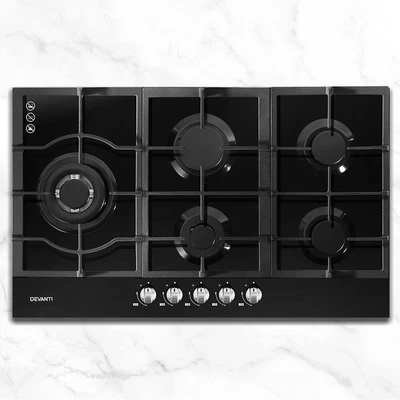$290.35 • Buy Devanti Gas Cooktop 90cm 5 Burner Stove Hob Cooker Kitchen NG LPG Black Glass