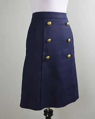 J.CREW $118 Navy Pleated Front Sailor Button Skirt In Stretch Linen Size 6 • £36.33