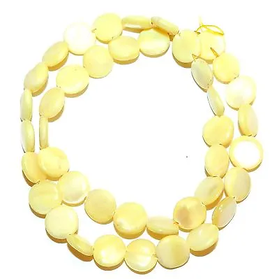 MP2490 Light Yellow 10mm Flat Puffed Round Mother Of Pearl Shells Beads 15   • $7.85