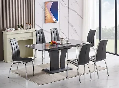 Extending Dining Table Set Grey Or White Marble Effect Glass 6Faux Leather Chair • £399