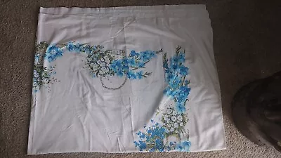 Vintage Mid Century Cotton Screen Printed Blue Floral 74  X 60  Tablecloth • $39.99