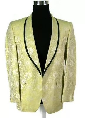 After Six Rudofker Vtg 70s Tuxedo Suit Jacket Blazer Yellow Satin Brocade Sz 39S • $224.10