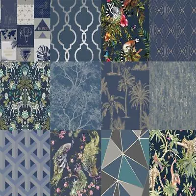 Midnight Blue/Navy Geometric-Trellis-Tropical Animals-Metallic Wallpaper • £8.95