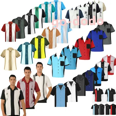 Men Bowling Shirt Cuban Style Retro Short Sleeve Camp Button Down Casual Top • $16.86