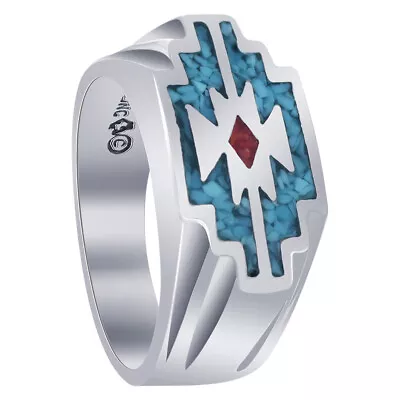 Turquoise Coral Gemstone Southwestern Style 925 Sterling Silver Men's Ring • $66.99