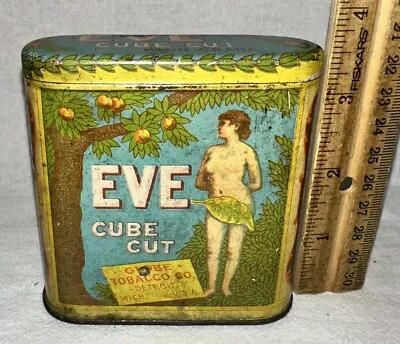 Antique Eve Cube Cut Tin Litho Vertical Pocket Tobacco Can Detroit Mi Globe Co • $124.72