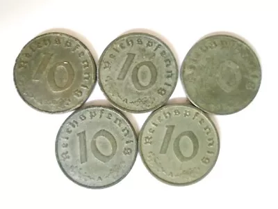 GERMAN SECOND WORLD WAR 10 REICHSPFENNIG COINS X5 • £2.95