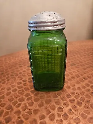 Vintage Owens Green Waffle Squared Glass Shaker Spice Jar With Tin Silver Lid • $25