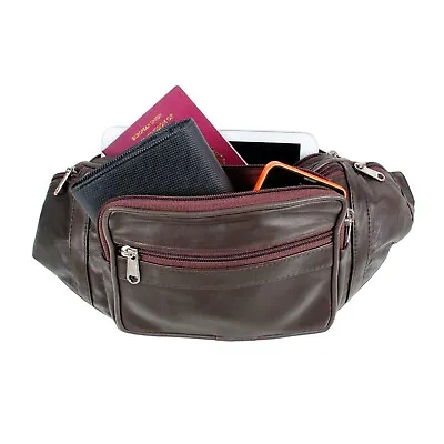Travel Leather Bum Bag Money Waist Belt Pack Holiday Money Pouch Brown • £13.90