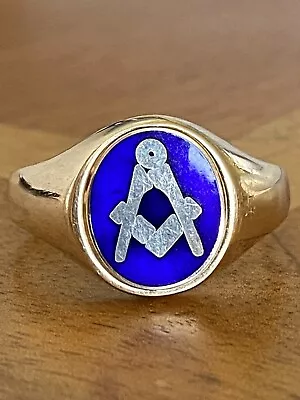 Gents 9ct Gold & Blue Enamel Masonic Swivel  Signet Ring ~ Size Y ~ 7.9g ~ Fab!! • £299