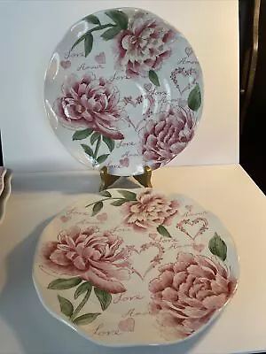 2 Maxcera Pink Peonies  AMOUR  Dinner Plates Romantic LOVE Spring Table Decor • $24