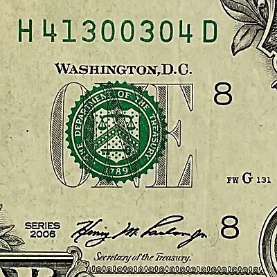 Quinary Fancy Serial Number One Dollar Bill H41300304D Only 0s 1s 2s 3s 4s • $3.95